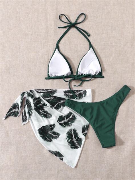 Conjunto de bikini con estampado de hojas Sujetador de triángulo halter