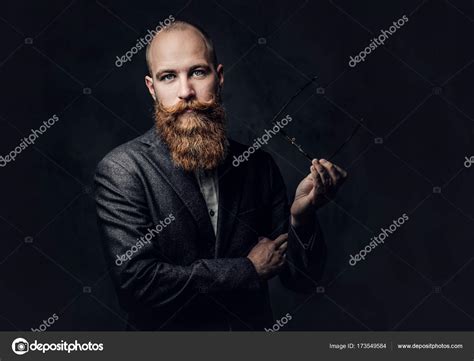 Portrait Redhead Bearded Male Eyeglasses Dressed Elegant Wool Suit Grey