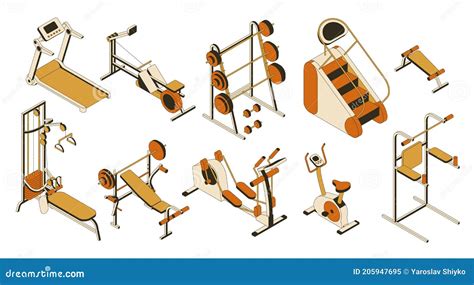 Gym And Fitness Club Equipment Collection Isometric Set Of Training Apparatus Stock Vector