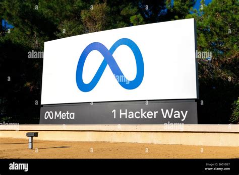 Meta logo, sign near Meta Platforms headquarters on 1 Hacker Way ...