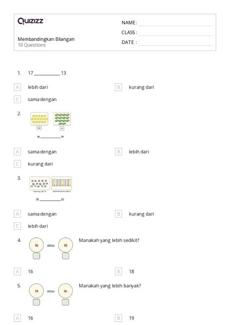 Lembar Kerja Membandingkan Bilangan Untuk Kelas Di Quizizz