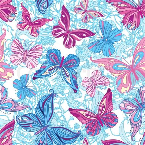 Seamless Pattern With Butterflies In Blue And Pink Stock Vector