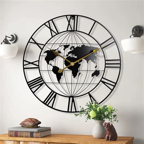 Large World Map Wall Clock, Metal Minimalist Modern Clock, Round Silent Non-Ticking Battery ...