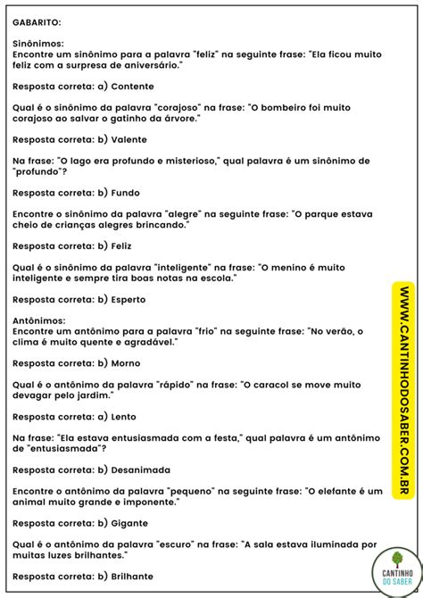 CADERNO DE REFORÇO ESCOLAR SINÔNIMO E ANTÔNIMO 4º ANO