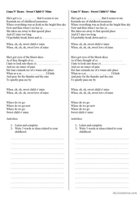Sweet Child O Mine By Guns N Roses English Esl Worksheets Pdf And Doc