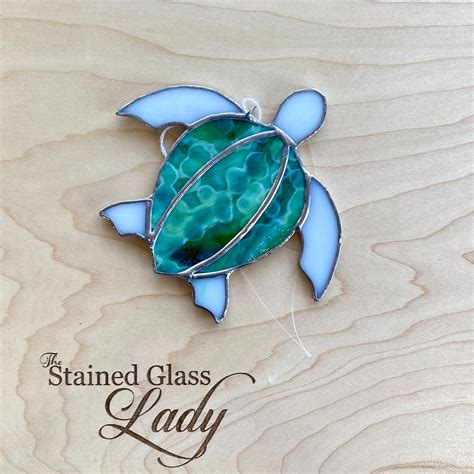 Handcrafted Stained Glass Sea Turtle Suncatcher In Dark Green And Light Green Mottled Beachy