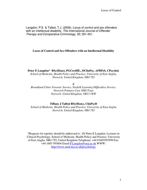 PDF Locus Of Control And Sex Offenders With An Intellectual Disability