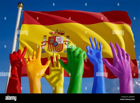 Rainbow Colored Hands From Lgbt Community Over Flag Of Spain Spanish Gay Parade Concept Of