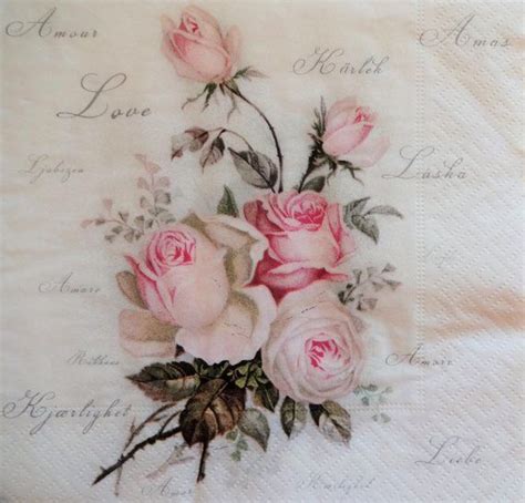 4 Pink Roses Napkins Vintage Paper Napkins Romantic Paper Napkin Decoupage Napkins Collage