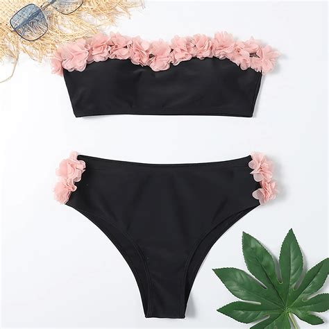 Bikini De Flores Para Mujer Ba Ador Negro Con Dobladillo Con Volantes
