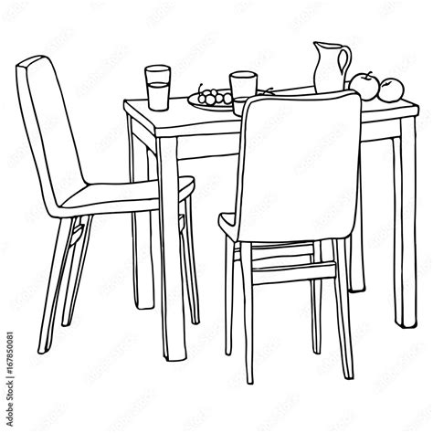 interior hand drawn sketch kitchen table  morning meal  chairs