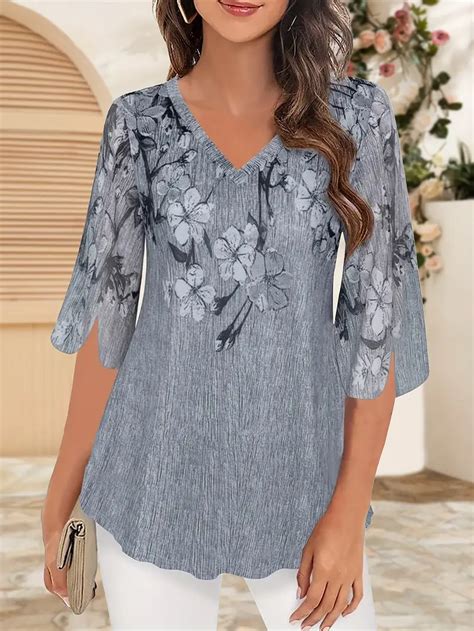 Floral Print V Neck T Shirt Elegant 3 4 Sleeve Top Spring Temu