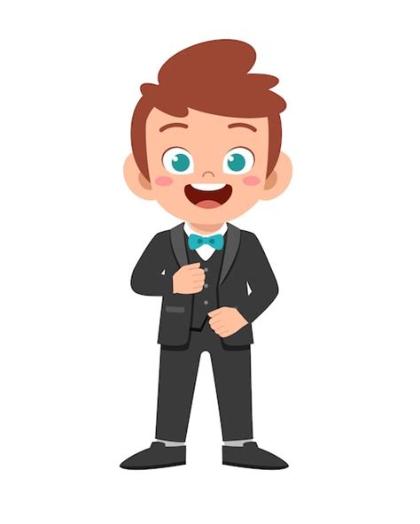 Happy Cute Kid Boy Wear Suit Blazer Tuxedo Premium Vector