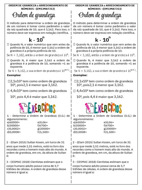 Exercicios De Ordem De Grandeza - Ordem de Grandeza de Números e Células | PDF | Exponenciação | Matemática