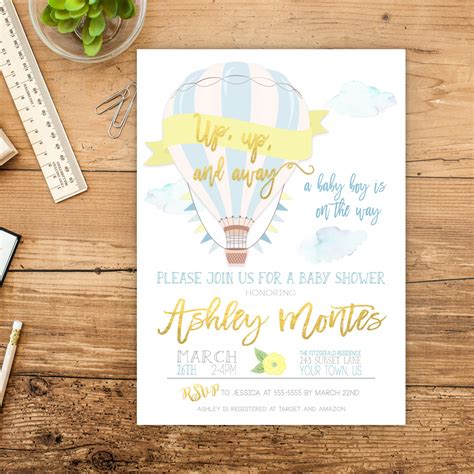 Hot Air Balloon Baby Shower Invitation Up Up And Away Etsy