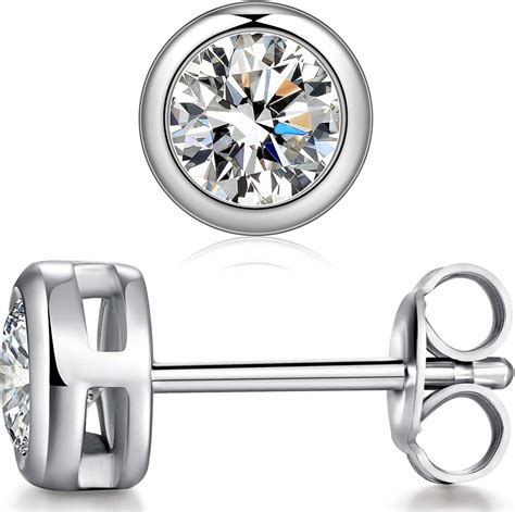 Bezel Stud Earrings Sterling Silver Round Cut Cubic Zirconia Stud