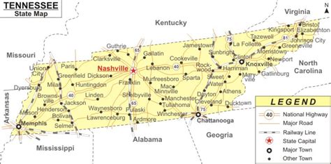 state map  tennessee showing cities printable map