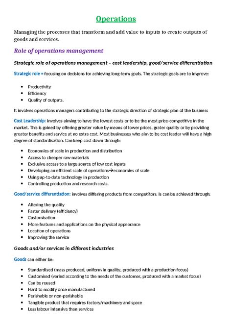 Business Study Notes - every good - Operations Managing the processes ...