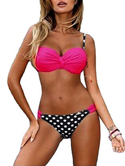 Sayfut Women S Elegant Push Up Padded Two Piece Bandeaukini Top Scoop Bikini Bottom Set