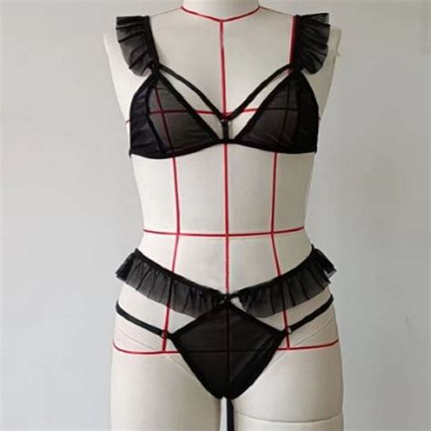 Sexy Black See Through Backless Mesh Wide Straps Bra And Thong Lingerie Set N