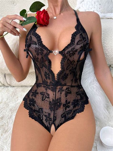 Floral Lace Scallop Trim Crotchless Teddy Bodysuit Shein Usa