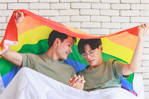 Two Asian Happy Cheerful Romantic Lovely Teenager Male Gay Men Lover Couple Partner Smiling