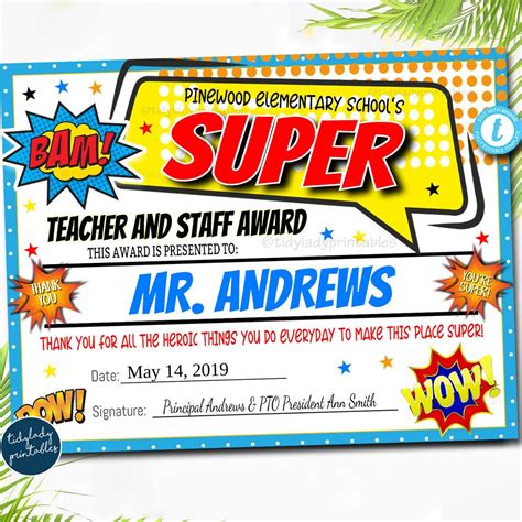 Superhero Theme Teacher Appreciation Week Award Certificates Superhero Favors Superhero Room