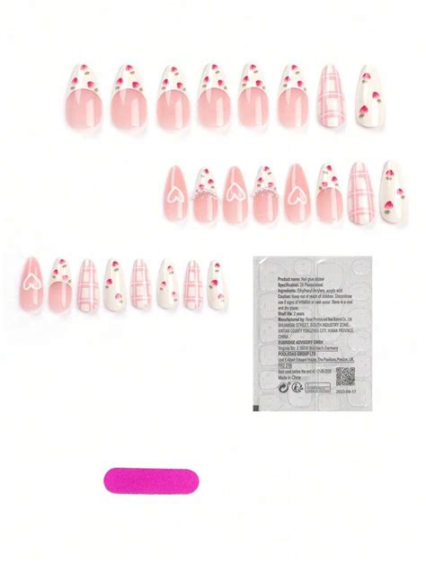 24pcs Stylish Almond Shaped False Nails With Strawberry French Pearl