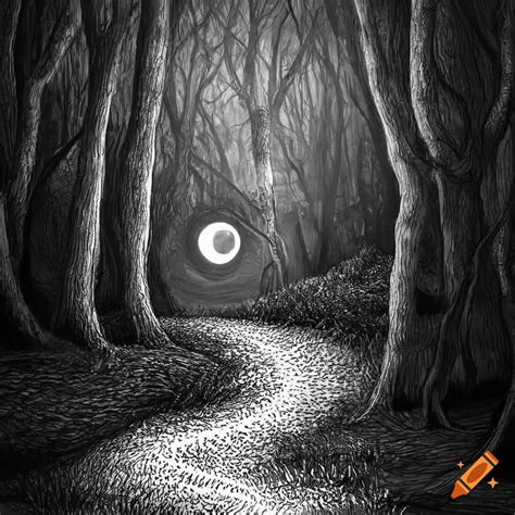 Dark Forest Path Black And White