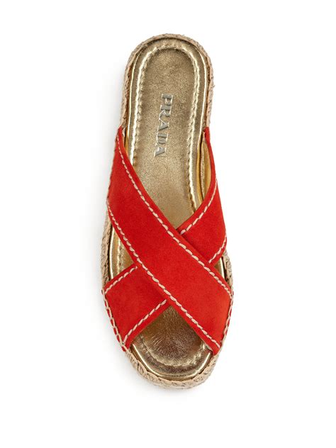 Lyst - Prada Suede Double Platform Espadrille Slide Sandals in Red