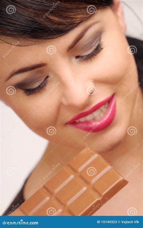 Attractive Brunette Woman With Chocolate Stock Image Image Of Sweets Hesitate 15149323