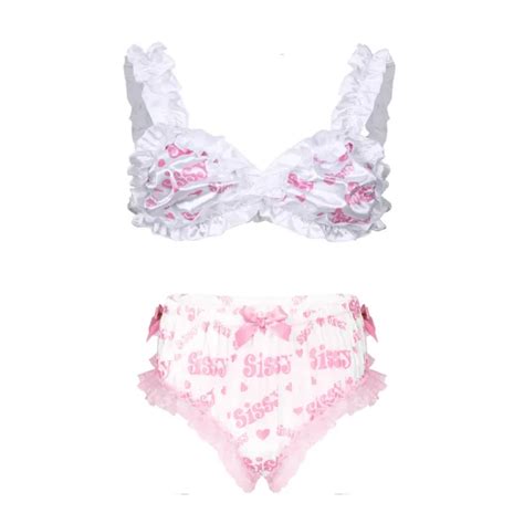 Uk Mens Sissy Lingerie Set Frilly Ruffle Letters Printed Bra Top Brief Underwear