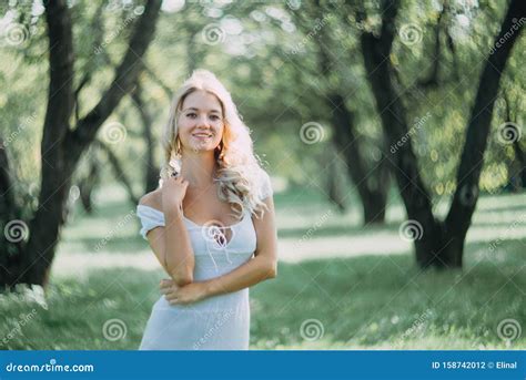 Happy Blonde Woman In White Summer Dress Enjoy Stock Photo Image Of Dress Adult