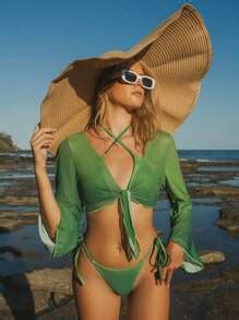 Shein Swim Summer Beach Ombre Bikini Set Criss Cross Halter Micro Triangle Bra Thong Bottom