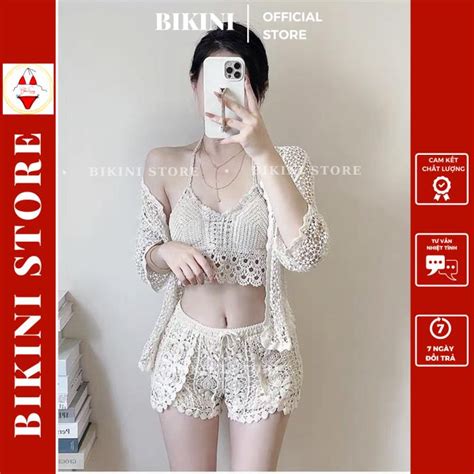 Mua Bikini Đồ Bơi Đi Biển Nữ 2 Mảnh Len Móc Kèm Áo Choàng M82 Bikini