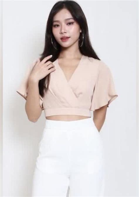 Carrislabelle Flutter Sleeve Overlap Top Nude And White Women S Fashion Tops Blouses On