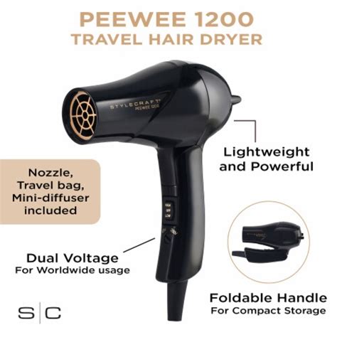 Stylecraft Peewee 1200 Folding Handle Compact Travel Hair Dryer Black 1 Kroger