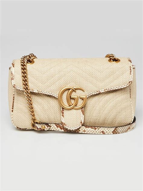 Gucci Natural Raffia And Snakeskin Gg Marmont Small Matelasse Shoulder