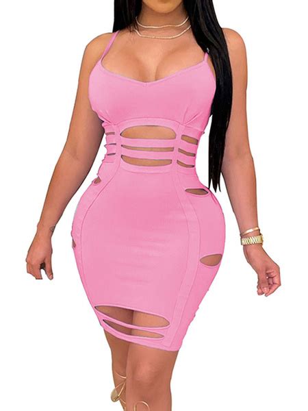 Straps Neck Sleeveless Polyester Cut Out Sexy Bodycon Sheath Club Dress Power Day Sale