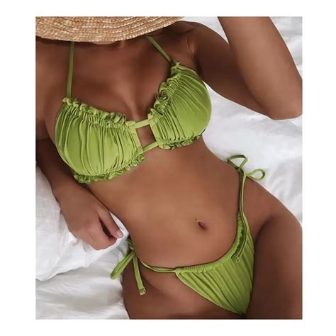 Hot Sale Women S Sexy Solid Bikinis New Piece Tie Side Swimwear With Ruffles Micro Summer