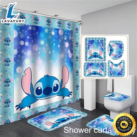 3d Cartoon Lilo And Stitch Shower Curtain Set Waterproof Bath Toilet