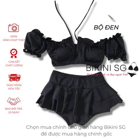 Đồ bơi nữ bikini nữ 2 mảnh áo croptop tay bồng phối quần chân váy 2 tầng đủ màu đi biển đẹp