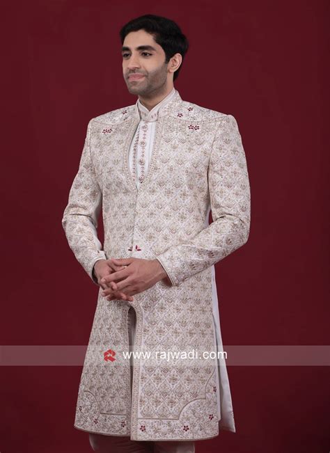 Art Silk Jacket Style Groom Sherwani In Off White Color