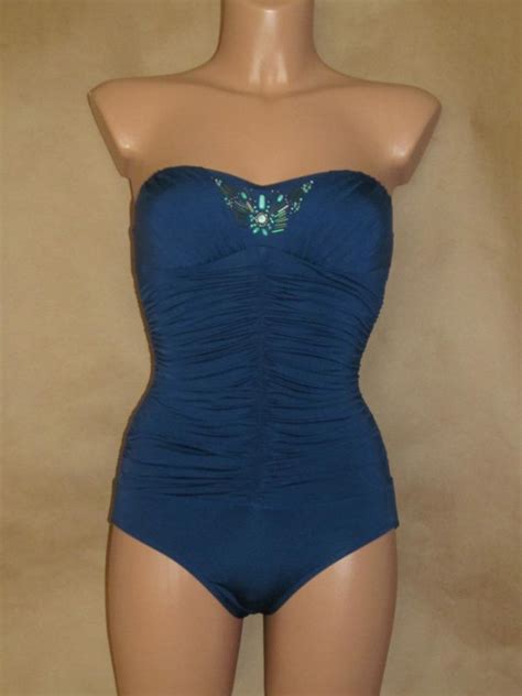 Size 4 New Badgley Mischka Blue One Piece Swimsuit With Jewel