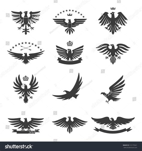 Eagle Silhouettes Bird Heraldic Symbols Icons Stock Illustration