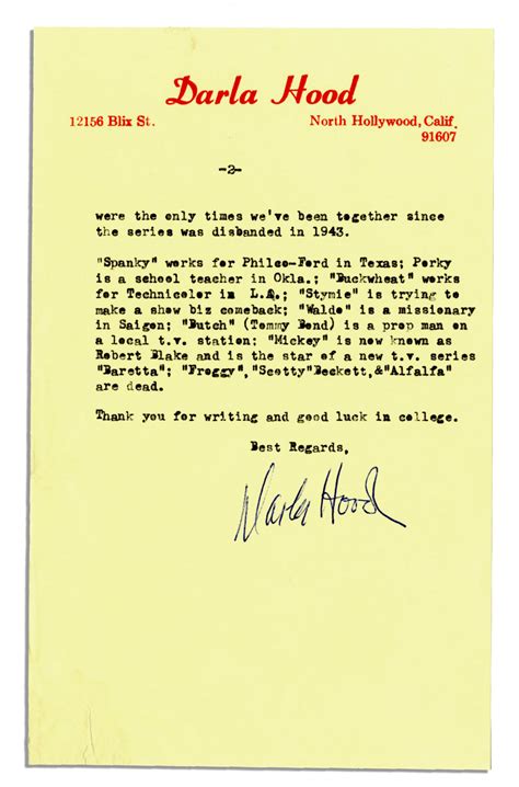 Lot Detail - 'Little Rascals'' Star Darla Hood Letter Signed