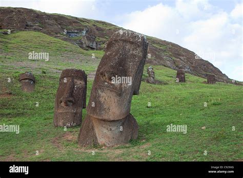 Chile Easter Island Rapa Nui Rano Raraku Moai Heads Stock Photo