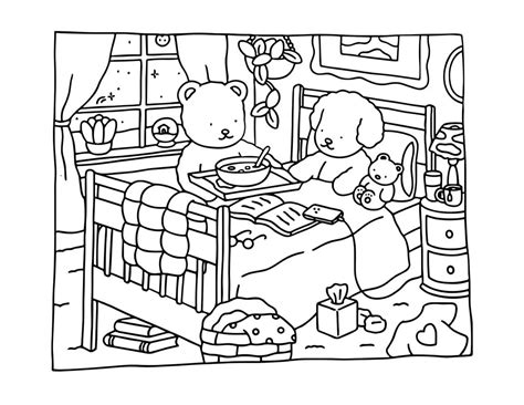 Bobbie Goods Ursinho Na Cama - Desenho de Bobbie Goods com Urso e Cachorrinho na Cama para Colorir