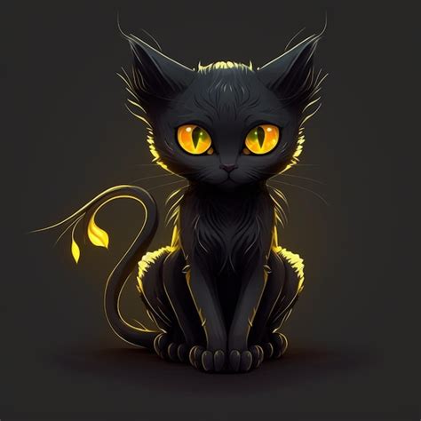 A black cat with yellow eyes sits on a dark background. | Premium AI ...