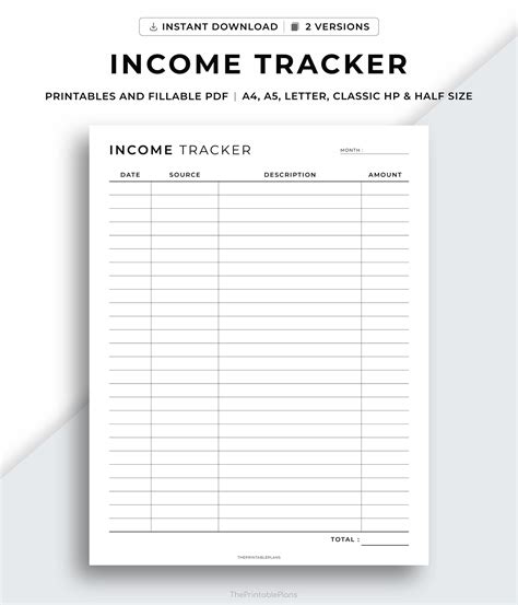 Income Tracker Printable Template Personal Business Income Tracker Income Sheet Finance